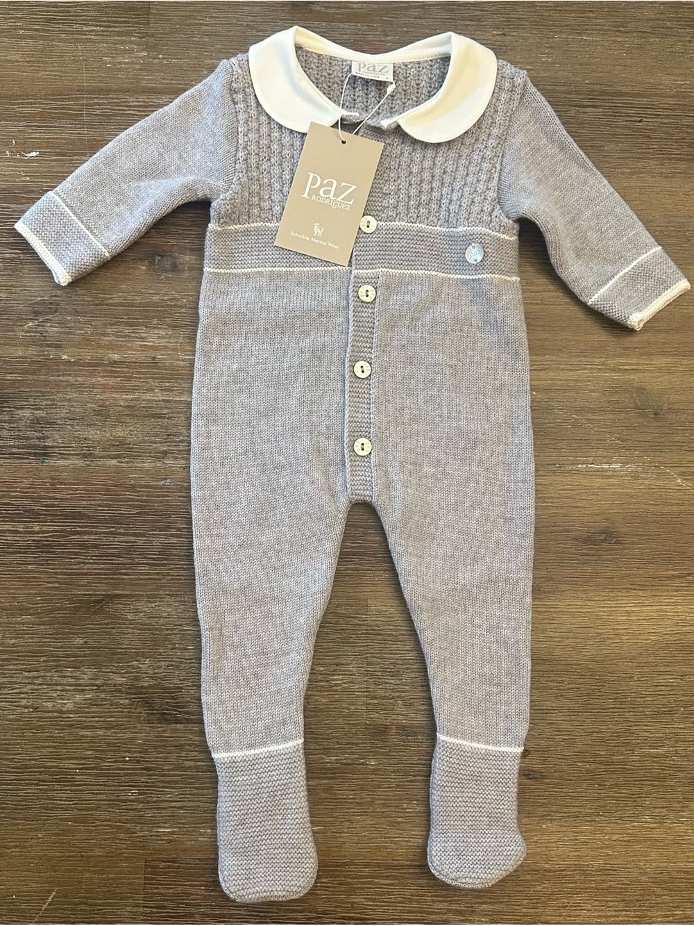 PAZ Baby Knit Footed One-Piece in Light Gray with White Collar